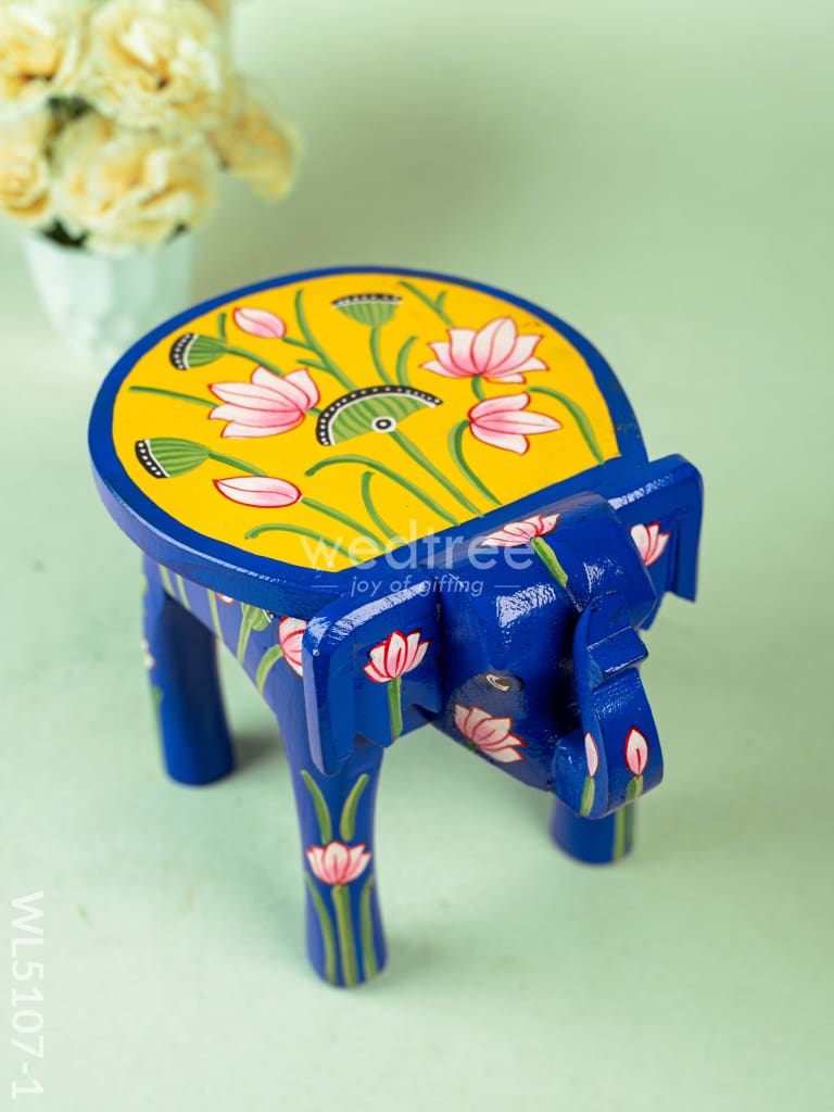 Hand Painted Pichwai Elephant Stool - 8 inch - Blue - WL5107-1