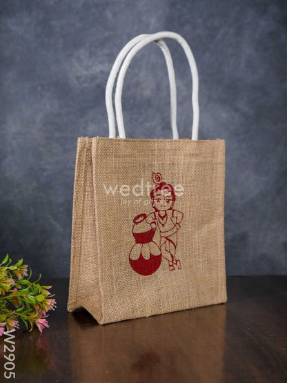 Jute Bag with Baby Krishna Print - W2905