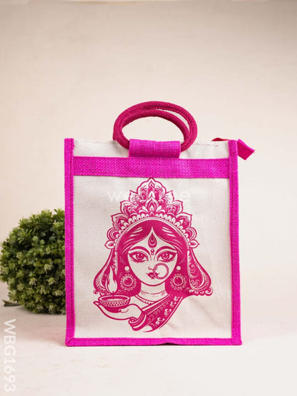 Jute Bag with Durga Face Print - WBG1693