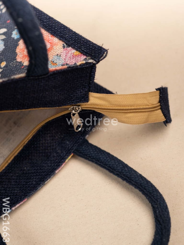 Jute Bag with Floral Prints - Navy Blue - WBG1663