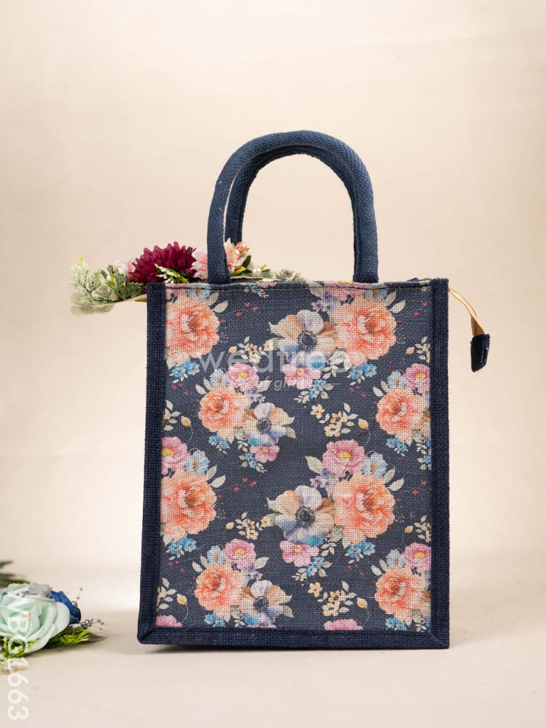 Jute Bag with Floral Prints - Navy Blue - WBG1663