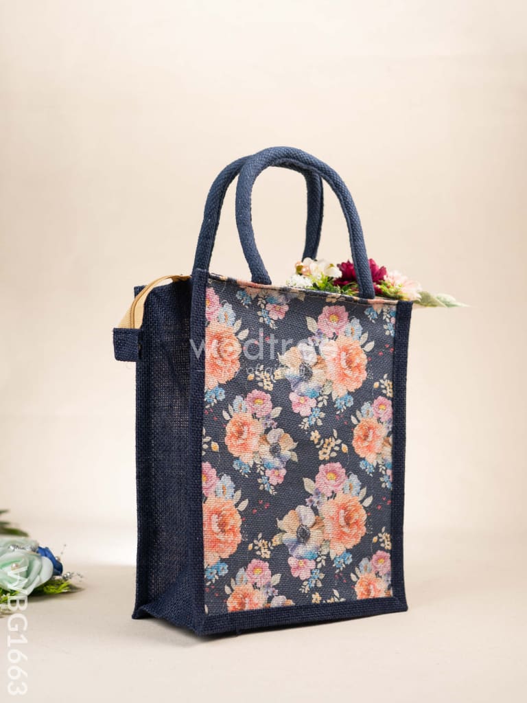 Jute Bag with Floral Prints - Navy Blue - WBG1663