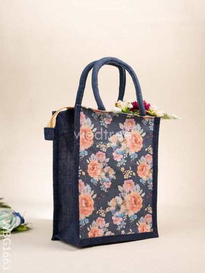 Jute Bag with Floral Prints - Navy Blue - WBG1663