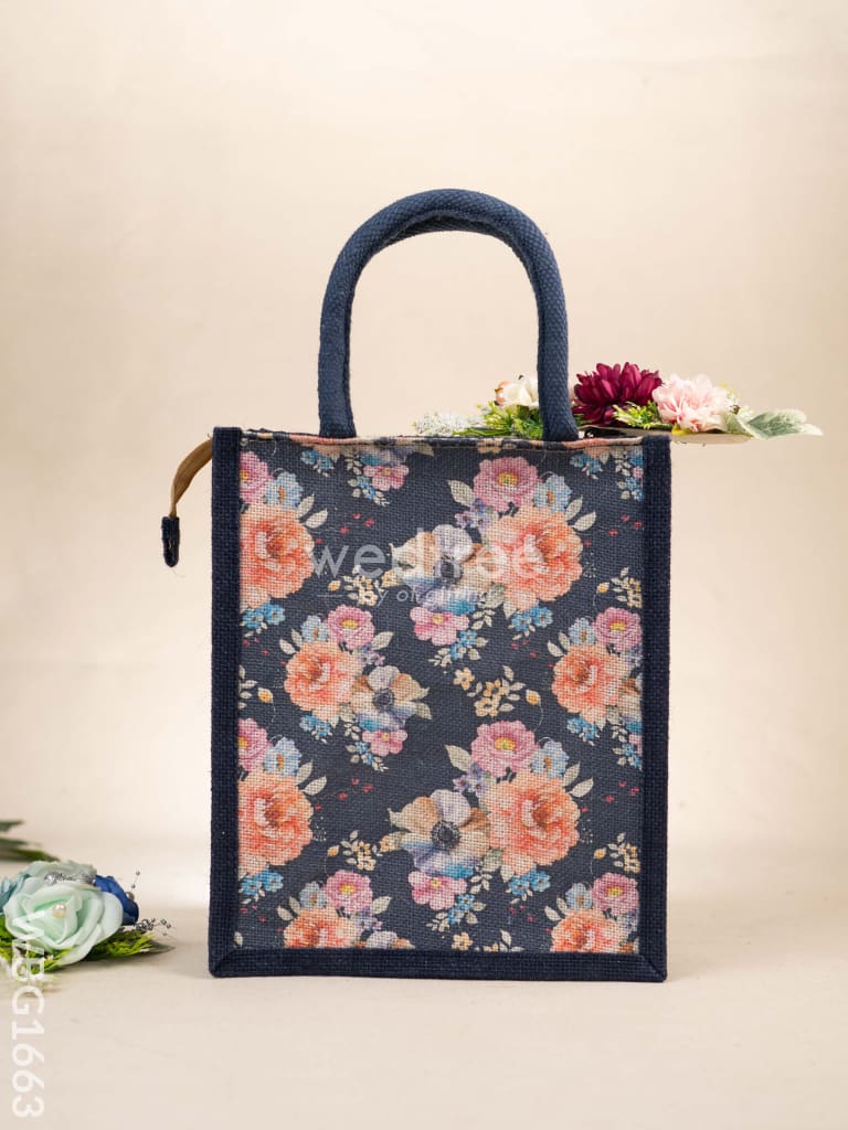 Jute Bag with Floral Prints - Navy Blue - WBG1663