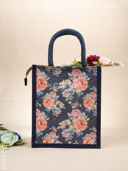 Jute Bag with Floral Prints - Navy Blue - WBG1663