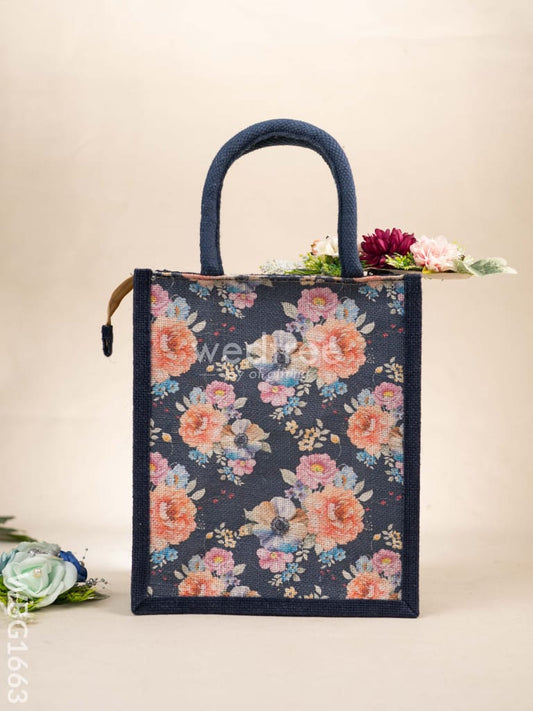 Jute Bag with Floral Prints - Navy Blue - WBG1663