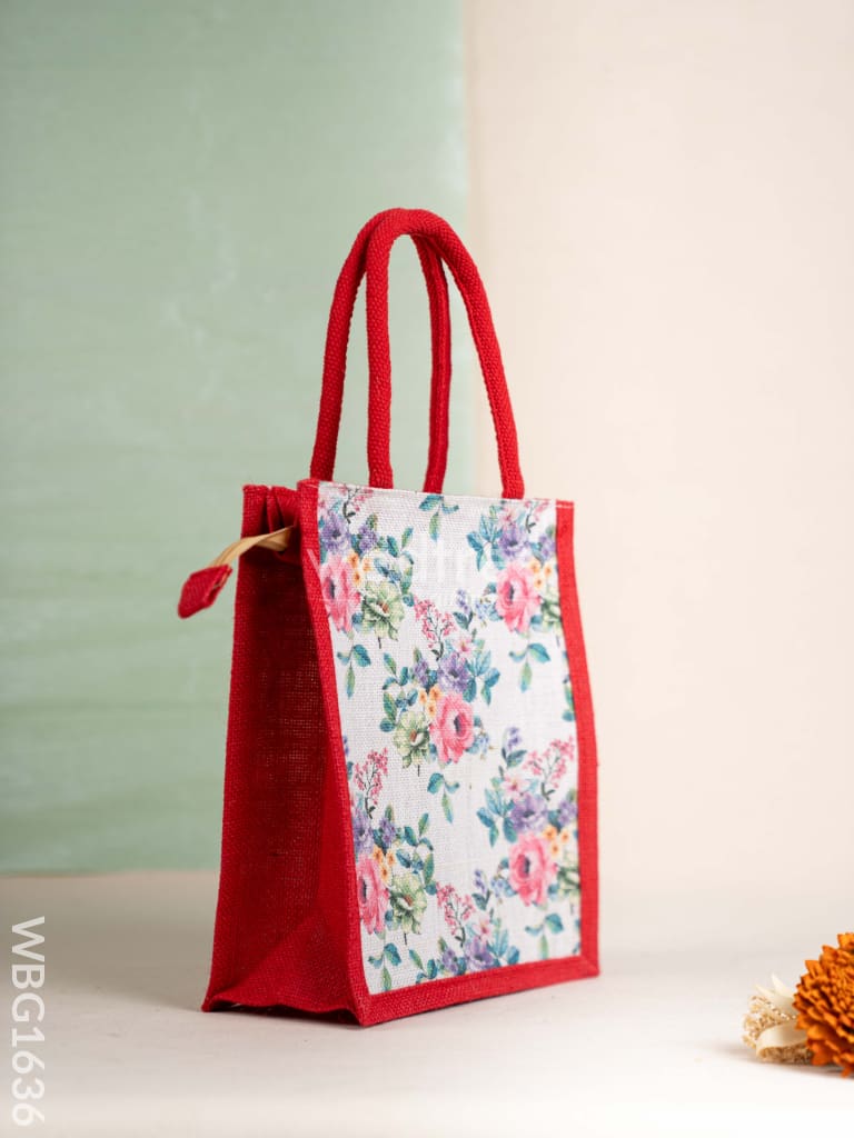 Jute Bag with Floral Prints - Red - WBG1636