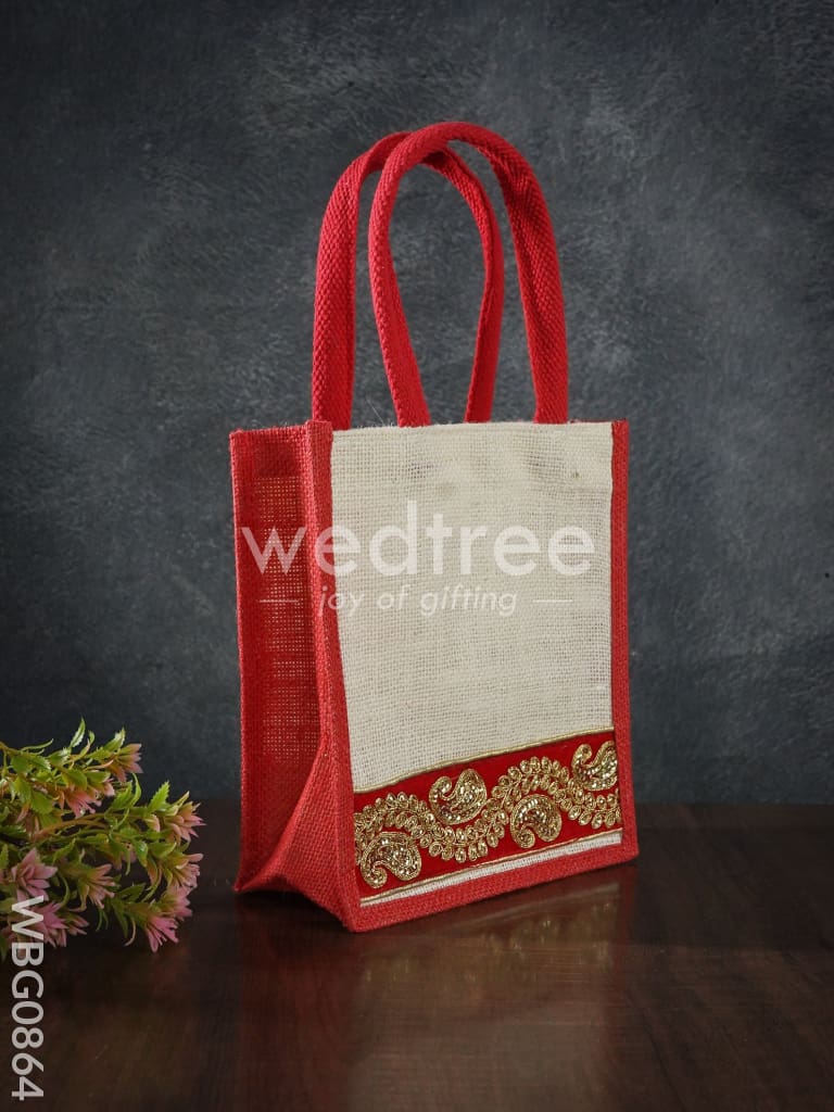 Jute Bag with Golden Embroidery - 9 inch - WBG0864