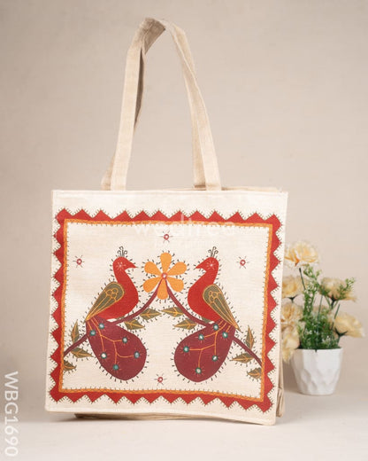 Cloth Handbag with Peacock & Elephant Motif - WBG1690