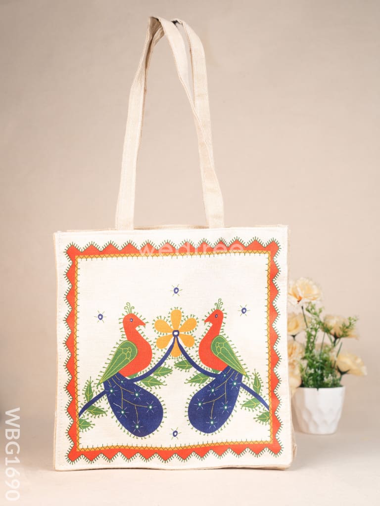 Cloth Handbag with Peacock & Elephant Motif - WBG1690
