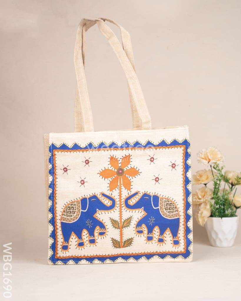 Cloth Handbag with Peacock & Elephant Motif - WBG1690