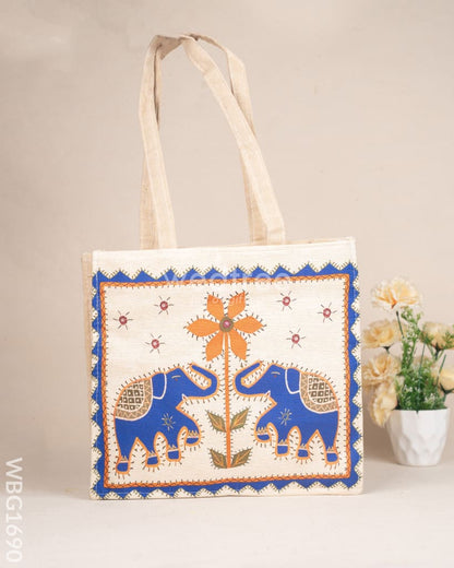 Cloth Handbag with Peacock & Elephant Motif - WBG1690