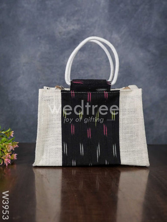 Jute Lunch Bag with Ikkat Fabric and Zipper - W3953