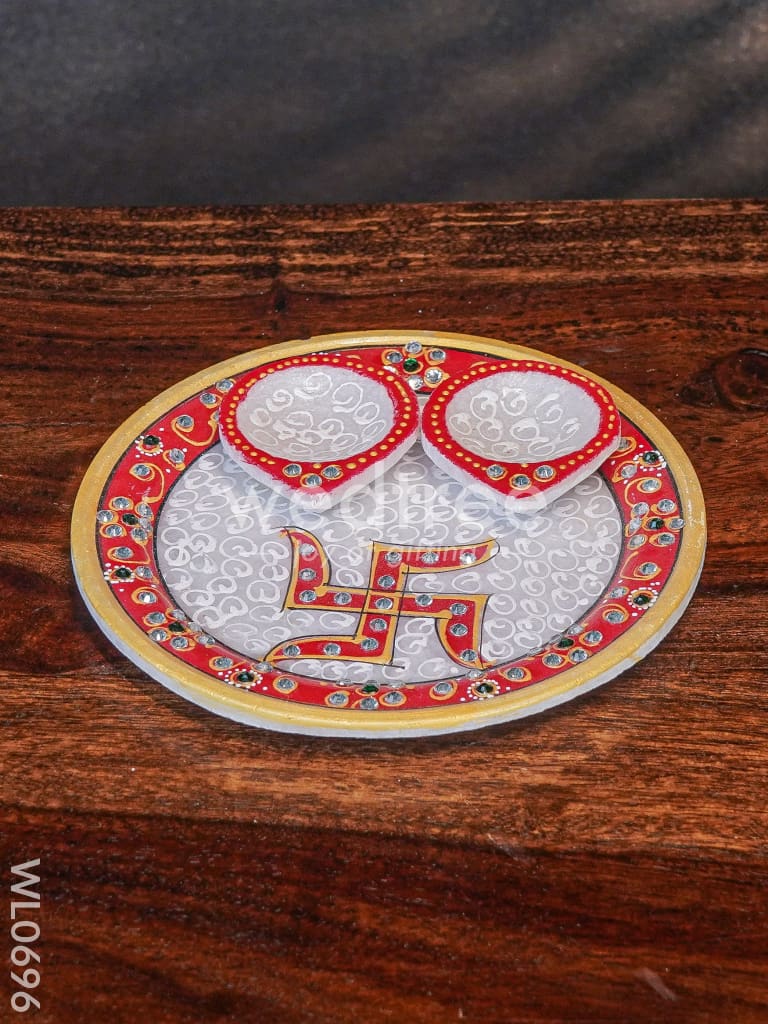Marble hand painted pooja thali with diya - WL0696