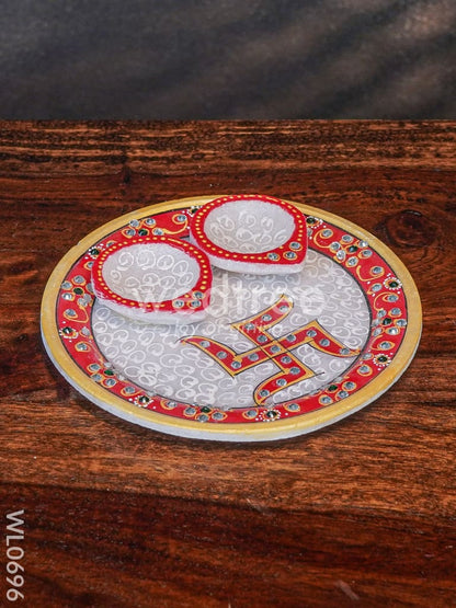 Marble hand painted pooja thali with diya - WL0696