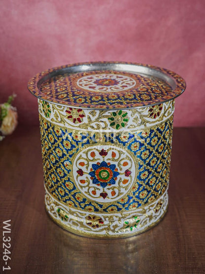 Meenakari Drum with Lid - Blue - 10 inch - WL3246-1