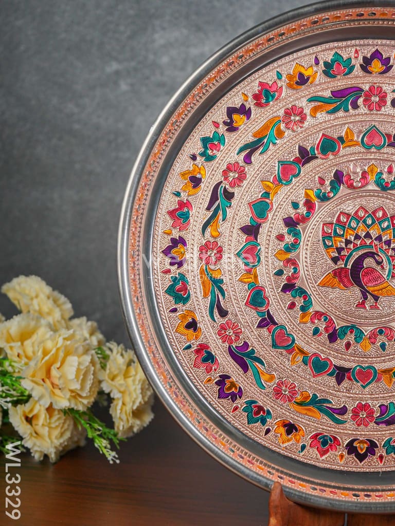 Meenakari Peacock Plate with Copper Finish - 13.5 inch - WL3329
