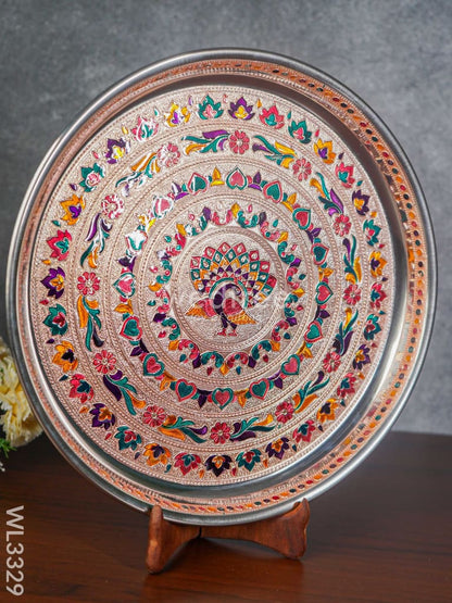 Meenakari Peacock Plate with Copper Finish - 13.5 inch - WL3329
