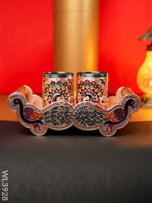 Meenakari Tray with Set of 2 Glass - Copper - WL3928