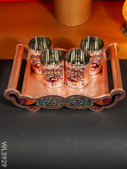 Meenakari Tray with Set of 4 Glass - WL3929