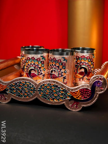 Meenakari Tray with Set of 4 Glass - WL3929
