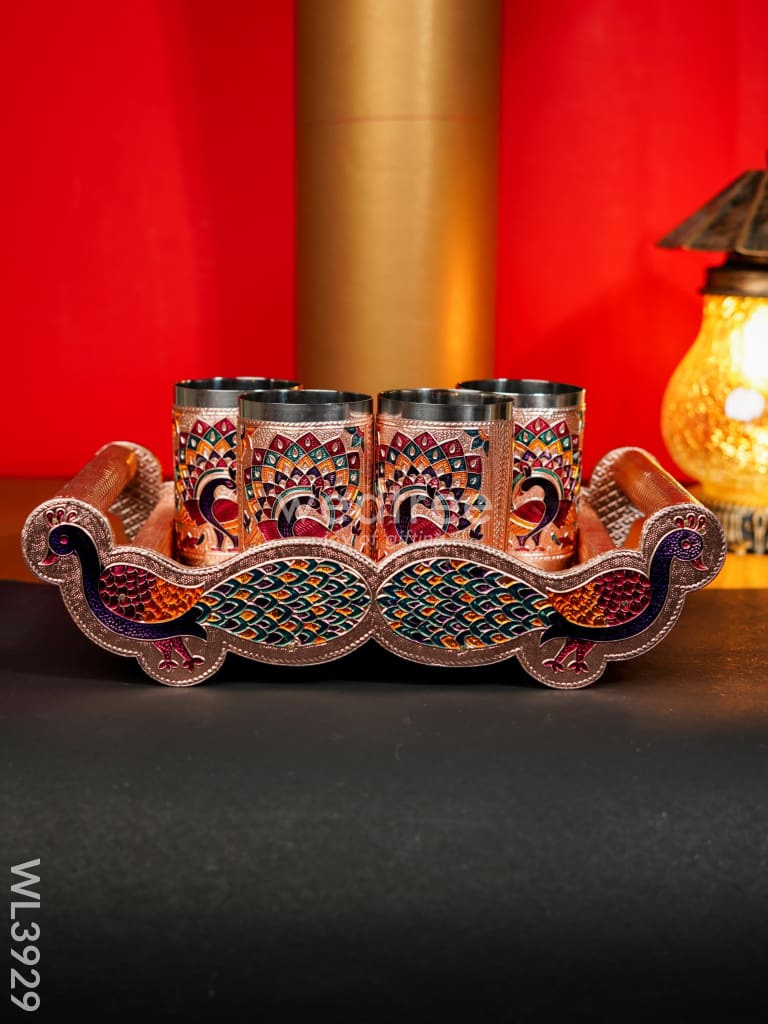 Meenakari Tray with Set of 4 Glass - WL3929