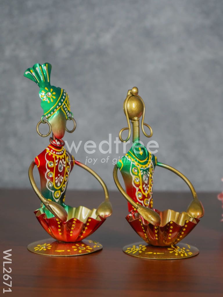 Metal Hand painted Rajasthani Dolls with T Light Holder - Set of 2 - WL2671