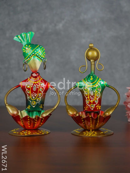 Metal Hand painted Rajasthani Dolls with T Light Holder - Set of 2 - WL2671
