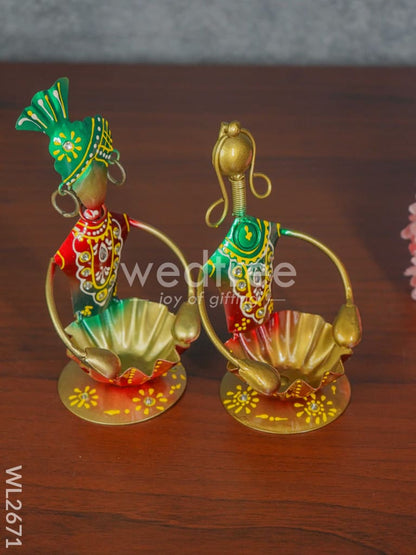 Metal Hand painted Rajasthani Dolls with T Light Holder - Set of 2 - WL2671
