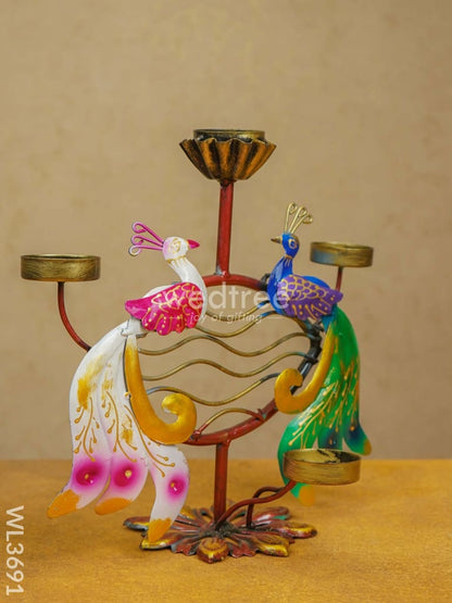 Metal Handpainted Double Peacock Candle Holder - WL3691