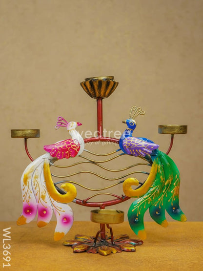Metal Handpainted Double Peacock Candle Holder - WL3691