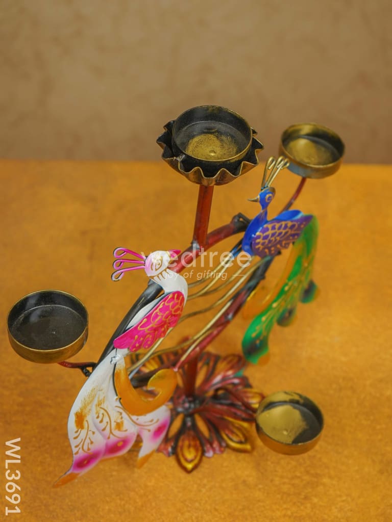 Metal Handpainted Double Peacock Candle Holder - WL3691