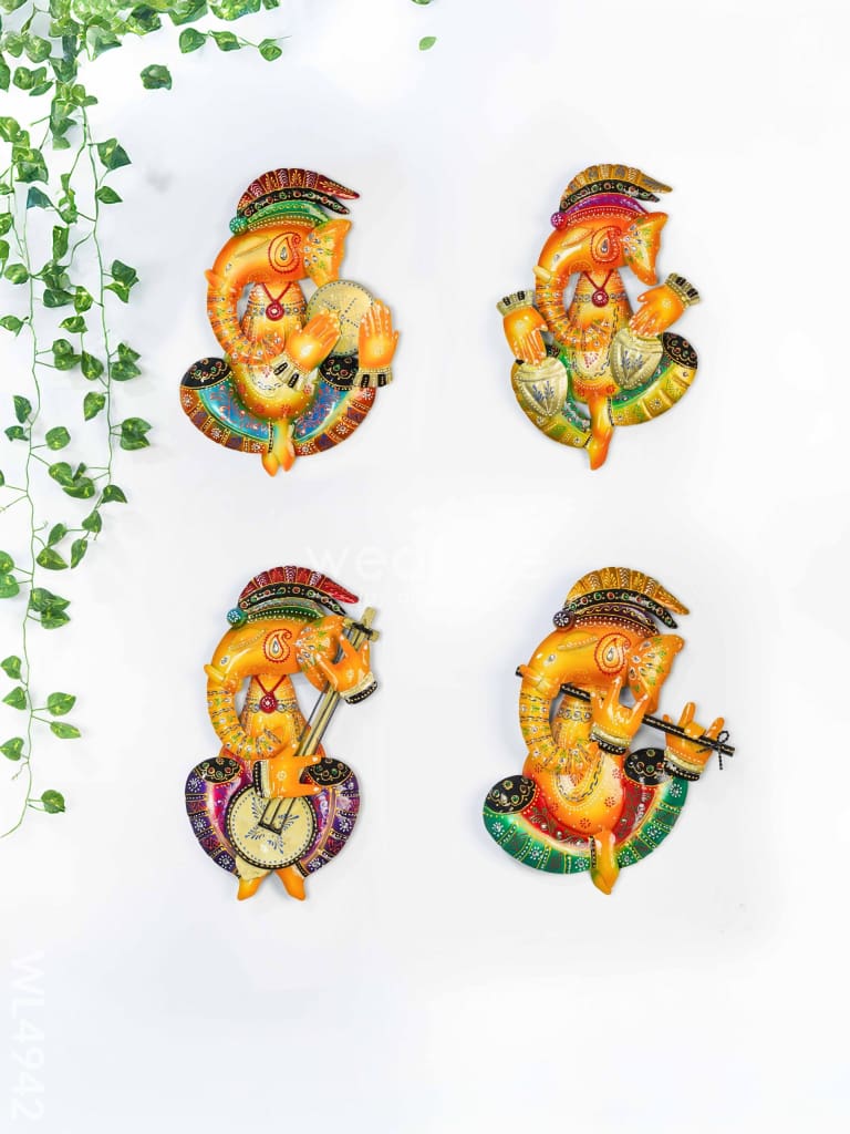 Metal Handpainted Ganesha Wall Hanging - 12 inch - Set of 4 - WL4942