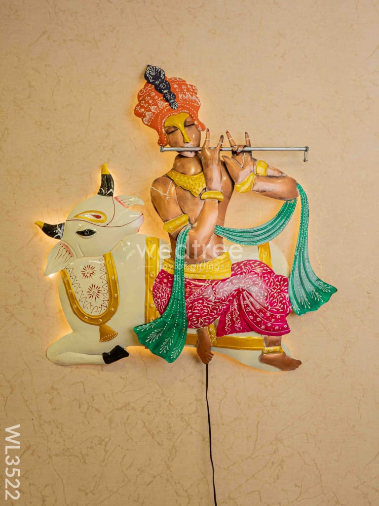 Metal Handpainted Krishna with Cow Wall Hanging - WL3522