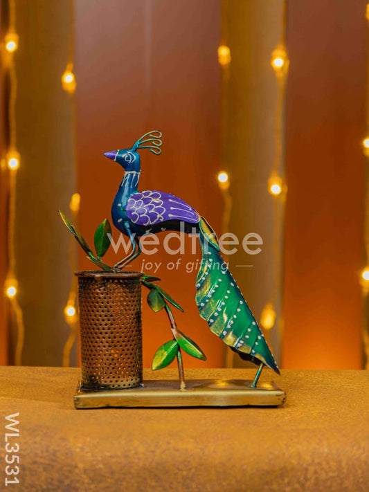 Metal Handpainted Peacock Pen Stand - WL3531
