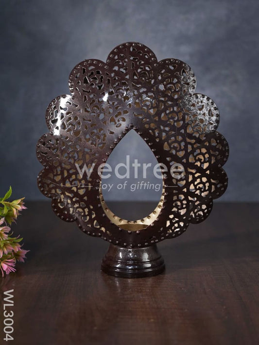 Metal Peacock Feather Shaped T-light Holder in Distressed Finish - WL3004