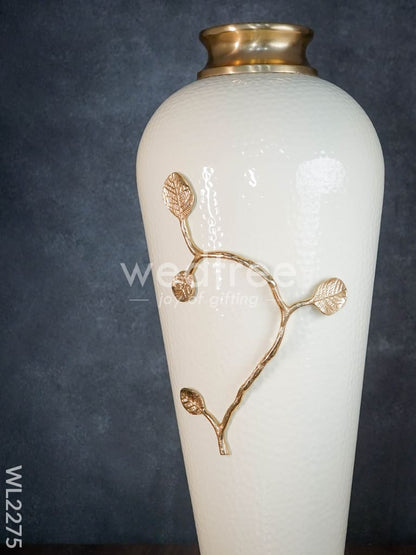 Metal Vase in White with Brass Antique Floral Embossing (29 inch) - WL2275