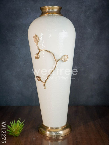 Metal Vase in White with Brass Antique Floral Embossing (29 inch) - WL2275