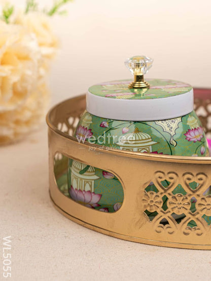Mugal Art Themed Metal Tray with Dry Fruit Jar and Diya Set - WL5055 Metal Decor Utility