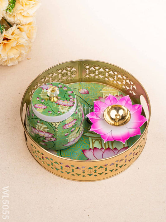 Mugal Art Themed Metal Tray with Dry Fruit Jar and Diya Set - WL5055 Metal Decor Utility