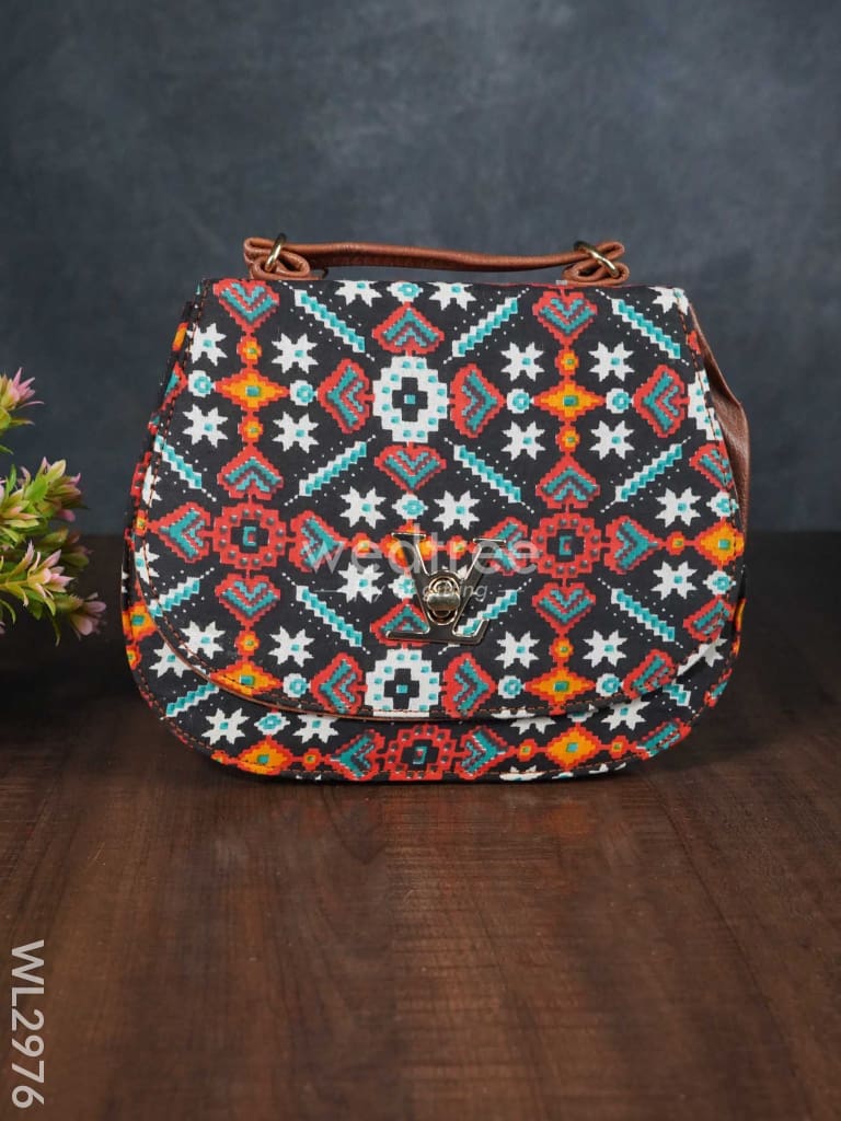 Multicolour Printed Fabric Sling Bag with Lock - WL2976