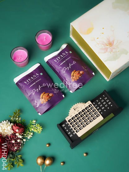 New Year Hamper 10 - Pen Stand & Calendar, Scented Candle with Dry Fruits - WH0044