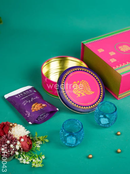 New Year Hamper 9 - Kanjivaram Box, Candle Holder and Dry Fruit - WH0043