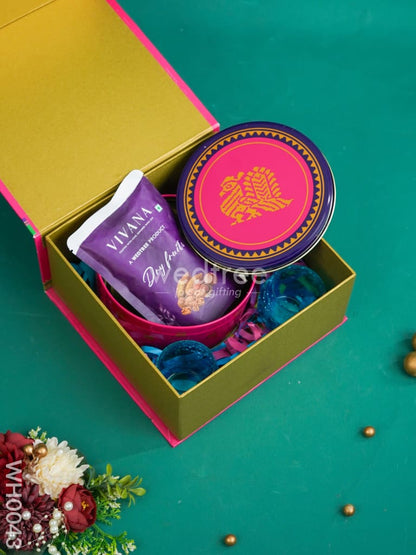 New Year Hamper 9 - Kanjivaram Box, Candle Holder and Dry Fruit - WH0043
