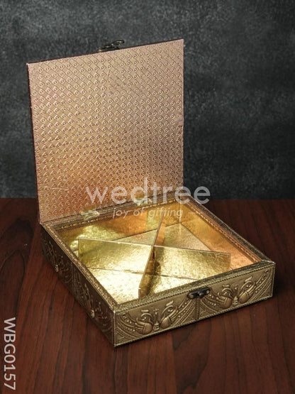 Oxidised Golden Embossed Dry Fruit Box with Floral and Peacock Design - 8X8 Inches - WBG0157