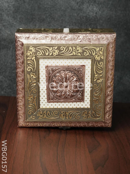 Oxidised Golden Embossed Dry Fruit Box with Floral and Peacock Design - 8X8 Inches - WBG0157
