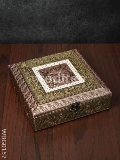 Oxidised Golden Embossed Dry Fruit Box with Floral and Peacock Design - 8X8 Inches - WBG0157