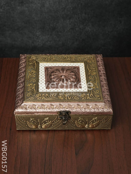 Oxidised Golden Embossed Dry Fruit Box with Floral and Peacock Design - 8X8 Inches - WBG0157