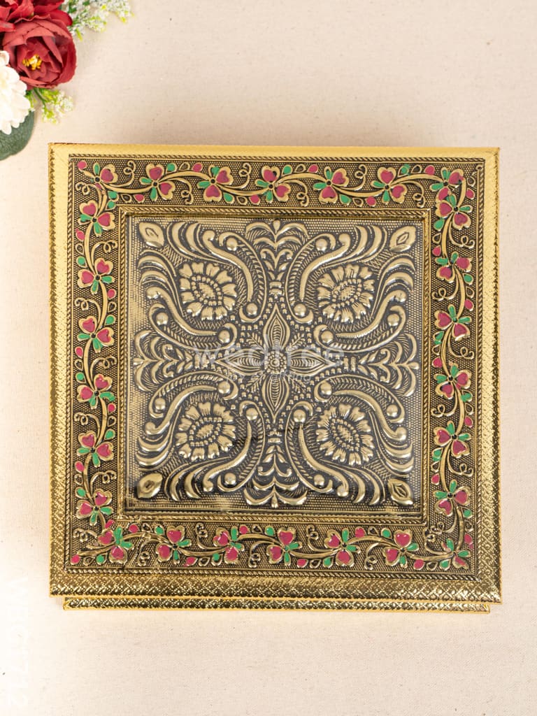 Oxidized Dry Fruit Box Embossed with Flower - 10x10 inch - WBG1712