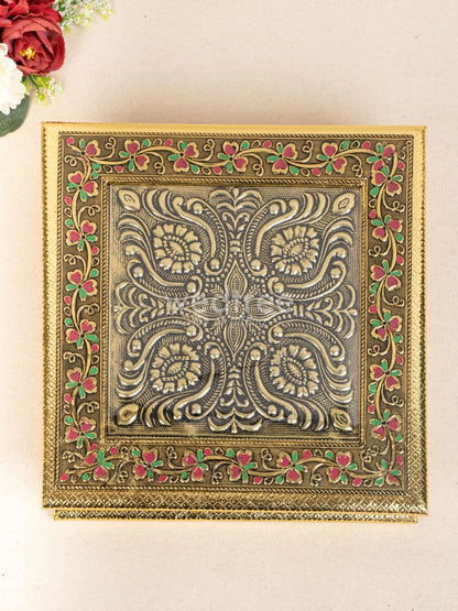 Oxidized Dry Fruit Box Embossed with Flower - 10x10 inch - WBG1712